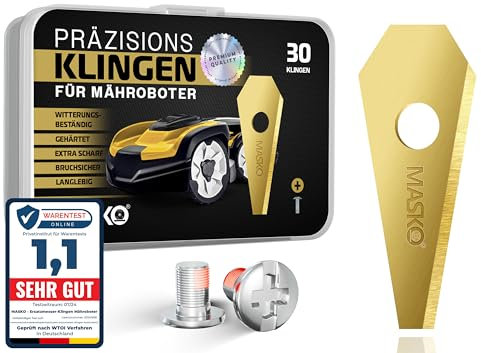 MASKO® Ersatzmesser Klingen für Mähroboter | Rasenmäher Messer universal inkl. innovativen Schrauben | Ersatzklingen Rasenroboter langlebig Titan-Beschichtung Kompatibel mit Bosch 30 Stück