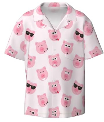Chemise à manches courtes pour homme, motif tête de cochon rose, style vintage, hawaïen, vacances, plage, chemise boutonnée, douce et respirante, manches courtes