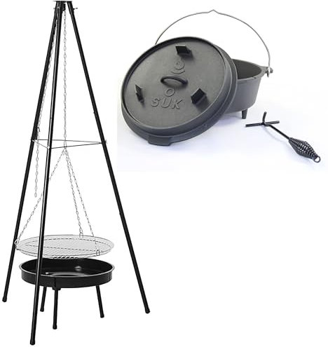SOUK ONE Barbecue suspendu sur trépied avec marmite en fonte, grille de cuisson avec chaîne, 150 cm de haut, avec grille de cuisson de 46 cm, brasero de 50 cm, barbecue au charbon de bois (barbecue