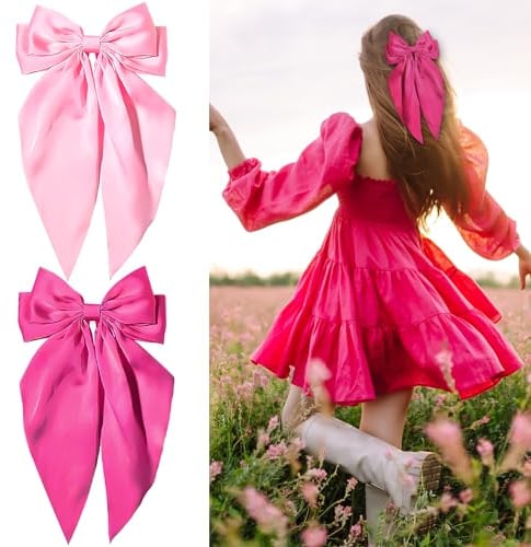 Lot de 2 pinces à cheveux avec nœud pour femmes et filles avec long ruban en satin doux et soyeux pour femmes et filles (rose rouge + rose clair)