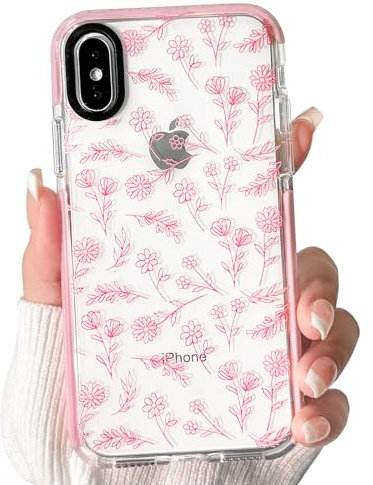 NITITOP Compatible for iPhone X/XS Case Cute Flower Floral Clear for Women Girl Ultra Slim Crystal Shockproof Soft TPU Anti-Yellow Protective Phone Cover - Clear Pink