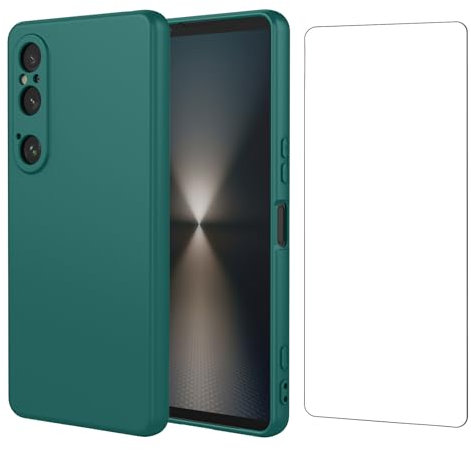 Qlfemna Funda para Sony Xperia 1 Vi (6.5) con 1 Pieza Protector Pantalla Cristal Templado, Verde Oscuro Suave Ultra Fina Silicona Carcasa, Antichoque Anti-Arañazos Caso TPU Case