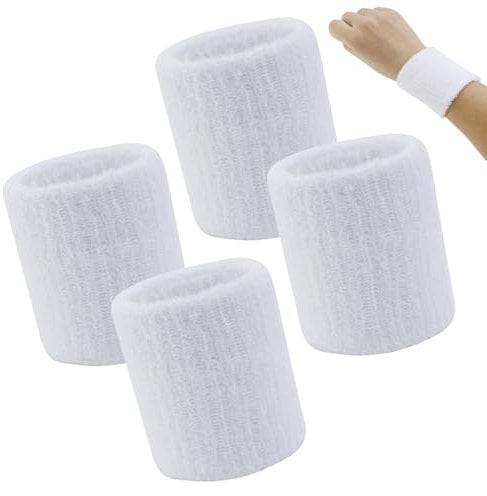 4 Pièces Bandeau Poignet, Sport Poignet, Sport Bandeau de Poignet en Coton Doux, Brassard Éponge Absorbant, pour Gym Tennis Course Basket-Ball （Blancs）