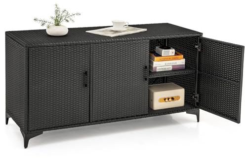 COSTWAY Gartenschrank Rattan, Terrassenschrank mit Türen & abnembaren Regalen, Balkonschrank, Outdoor Aufbewahrungsschrank für Garten, Terrasse, 135 x 50 x 70,5 cm (Schwarz)