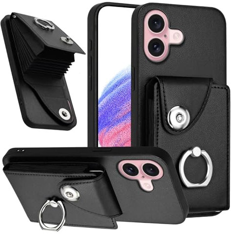 Kainevy Cover per iPhone 16 con Porta Carte per Donne, Antiurto Nera Custodia per iPhone 16 Cover Pelle Resistente Portafoglio con Supporto Case Slot per Scheda (Nero)