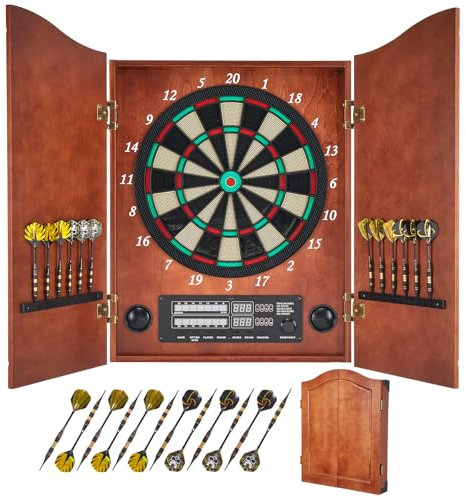 Yirinatek Dartscheibe Elektronisch, Dekoratives Elektronische Dartscheibe Schrank-Set [12 Bronze Soft-Tip Pfeile][Cricket-Spielmodus], Profi E Dart Scheibe mit Holzschranktüren (Apricot)