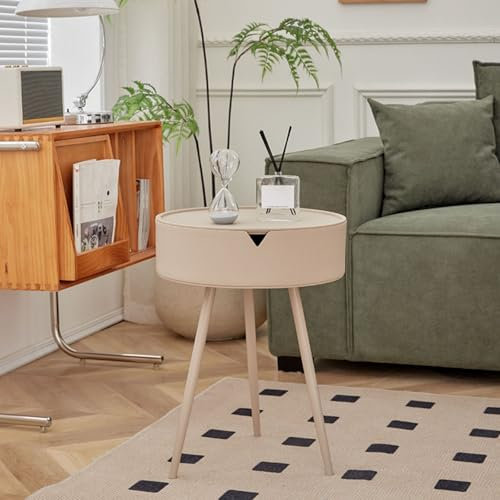 Runder Beistelltisch mit Schublade, Nordischer Kleiner Runder Tisch, Sofa-Couchtisch, Mid-Century Modern Couchtisch, Moderner Kleiner Couchtisch, Abnehmbare Kunststoffplatte(Khaki)