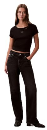 Calvin Klein Damen T-Shirt Kurzarm Woven Label Rib Baby Tee mit Rundhalsausschnitt