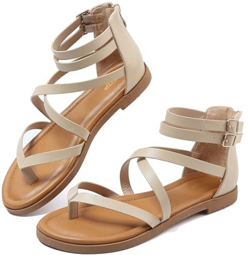 Maxome Sandals Womens Summer Gladiator Sandals Flat Sandals Ladies Thong Cross Strappy Sandals Back Zipper Roman Sandals Comfy Soft Footbed Open Toe Causal Beach Sandals Boho Sandals