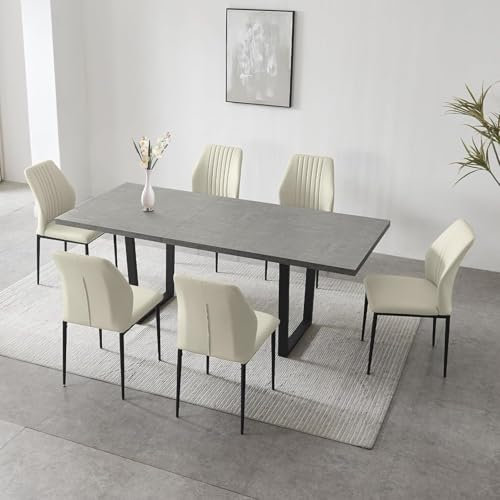 jiexi Modern Dining Table Set for 6-8, Extendable High Hardness Table for Space Saving, Metal Frame Farmhouse Rectangular Kitchen Dining Table Length 130cm Expanded 170cm (Table + 6 White Chairs)