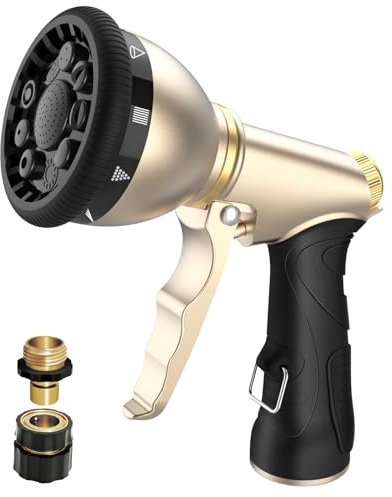 Qxiaozhan Heavy Duty Hose Nozzle, 9-IN-1 Spray Patterns, Spray Nozzles for Garden Hose with Metal Trigger & Lock Bar, 3/4 Thread & Connection Adapter, Suit for Watering Plants, Lawn, Car, Outdoor