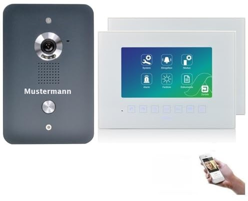 MATHFEL 4 Draht Videotürsprechanlage mit Gravur, 7“ WLAN Monitor, Außenstation Anthrazit, Infrarot Nachtsicht (2x7'' Monitor)