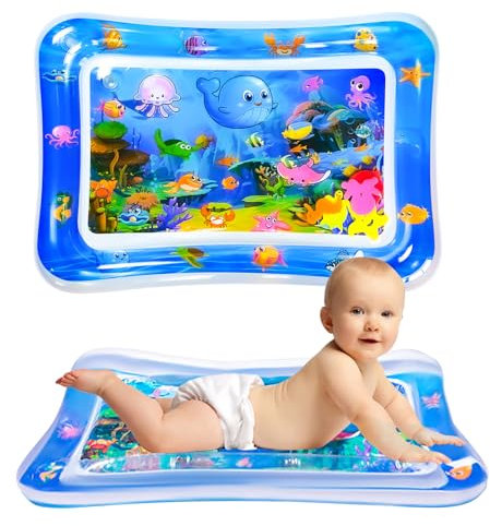 GARNHLOB Baby Wassermatte BPA Frei, 70x50 cm Aufblasbare Bauchzeit Matt Spielmatte mit 6 Meerestieren, Sensorik Wassermatte für Babys von 3-36 Monaten, Tragbare Reise Wasseraktivitätsmatte (Blau)