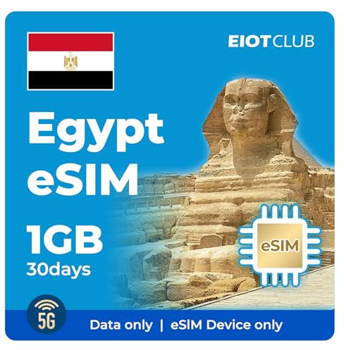 EIOTCLUB Ägypten Prepaid eSIM, 1GB für 30 Tage | 5G High-Speed-Internet | Nur Daten | Hotspot-Sharing unterstützt | Wiederaufladbar