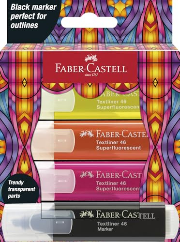 Faber-Castell - Textmarker Set Glassy Neon, 4 Marker | Highlighter in Neonfarben mit schwarzem Marker und Keilspitze für 1-5 mm Markierungen