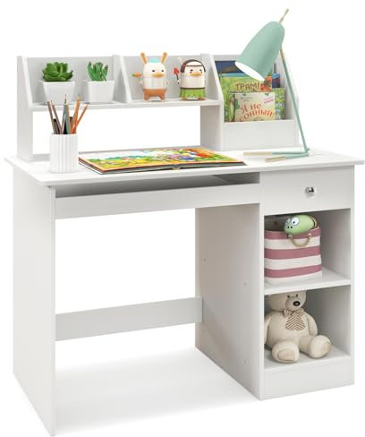 DREAMADE Schreibtisch Kinder mit Bücherregal & Schublade & Ablage & Tastaturablage, Jugendschreibtisch Schülerschreibtisch, Kinderschreibtisch aus Holz für Jungen und Mädchen, 90x45x90cm (Weiß)