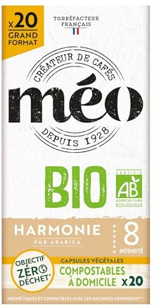 Cafés Méo - Capsule Café Bio Harmonie Pur Arabica - 100 Capsules - Compatible avec Nespresso - Intensité 8/10 - Arômes Authentiques, Gourmand et Envoûtant - Agriculture Biologique - Lot de 5x20