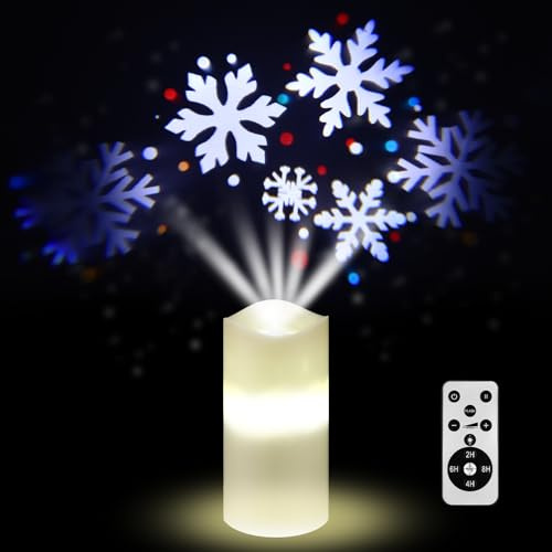 Hortsun Christmas Flameless Candle Snowflake Projector Light Blue & White Snowflake LED Candle Battery Operated Night Powered Light Christmas Home Decor for Window Yard Home Party Xmas Indoor Outdoor