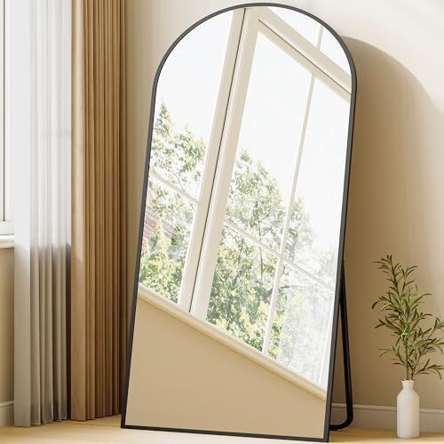 Hzuaneri Specchio a Figura Intera, 170 x 76 cm, Specchio da Terra ad Arco con Supporto, Vetro Temperato, Cornice in Lega di Alluminio, Può essere appeso al muro, Camera da Letto Soggiorno, Nero