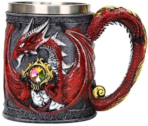 Lxoraziy Boccale da Birra Drago Medievale in Acciaio Inossidabile con Scultura in Resina 3D, 450ml Calice Fantasy Gotico con Manico a Coda di Drago, Regalo Originale per Uomo e Collezionista