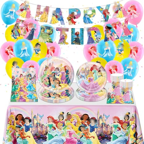 Party Plate Princess Birthday Decorations- Girls Party Tableware Set, Party Supplies with Latex Balloons Happy Birthday Banner Cups Napkins Tablecloths for Kids Party Decorations