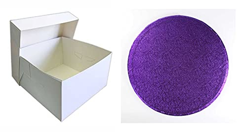ROUND COLOURED Drum cake BOARD and white transporting BOX (12 Inch, Purple)
