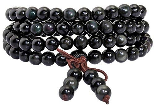mookaitedecor Tibétain Mala Bracelet 108 Perles Pierres Élastique Collier Bouddhistes Chakra,Obsidienne Arc-en-Ciel