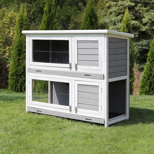 Miweba MyAnimal Hasenstall MH-20 | 120x51x105 cm - Kaninchenstall mit Freilaufgehege - Doppelstockhaus 2 Ebenen - Hasenkäfig - Holz imprägniert - Kaninchenkäfig winterfest - Indoor Outdoor (Grau/Weiß)