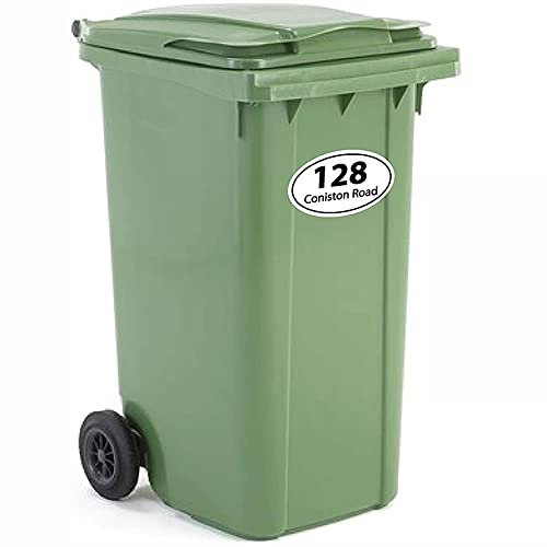 StickersWall Pack of 4 Personalised Wheelie Bin Stickers, Vinyl, Oval Shape, Green, House Numbers and Street Name, Peel and Stick