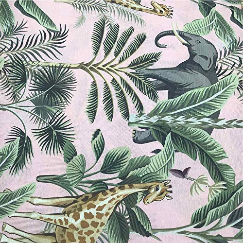 Gedruckt Canvas Dekostoff - Stück: 100 cm Länge x 280 cm Breite | Dschungel. Elefanten und Giraffen - Pink, Grün