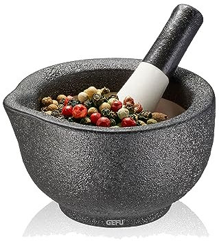 GEFU Mörser GRINO – Mörser mit Stößel aus Porzellan, edle Gussoptik, Gewürzmörser für Gewürze und Pesto, Durchmesser 7,7 cm