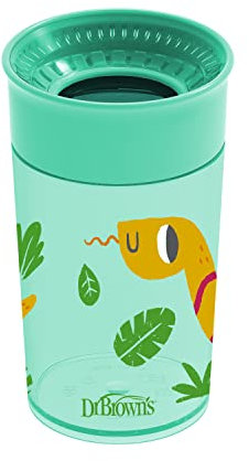 Dr. Brown's Milestones Cheers 360 Cup Spoutless Transition Cup, Travel Friendly & Leak-Free Sippy Cup, Green, Snake, 10oz/300ml