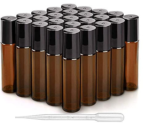 25 Pack 10ml Amber Glass Roller Bottles with Stainless Steel Balls Empty Leakproof UV Protection Essential Oil Glass Roller Bottle Including 1 Bottle Opener and 1 Dropper