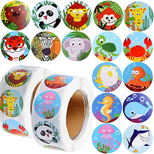 BHGT 1000pcs Tiere Aufkleber 2,5cm Sticker für Kinder Dschungel Meer Belohnungssticker Niedliche Aufkleber Motivationsaufkleber für Einschulung Schulkind Geschenk Party