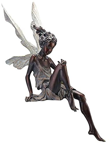 Non-brand perfk Sitzende Fee Statue Brunnen Teich Ledge Fee mit Gartenstatuen Home Figur Hinterhof Terrasse Wetterfeste Skulptur, Braun