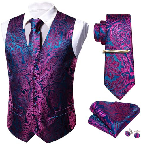 Barry.Wang Conjunto de chaleco formal para hombre, diseño de cachemira, pañuelo y gemelos, 5 unidades, Morado y azul, M