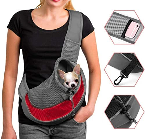 Tragetuch Klein Hund Tragetasche Welpen Umhängetasche Haustier Transporttasche mit Vestellbarer Schultergurt Hundetragebeutel Mesh Hundetrage Outdoor Katzentrage Kleintiere Hundetragetuch Reise (Rot)