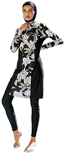 Frauen Muslimische Badeanzug Burkini Damen Muslim Full Cover Islamisch Arabisch Jilbab Schwimmanzug Langarm Schwimmoberteile Built in Bra+Schwimmhose+Hijab 3tlg Ganzkörper Modest Bademode 5#Schwarz S