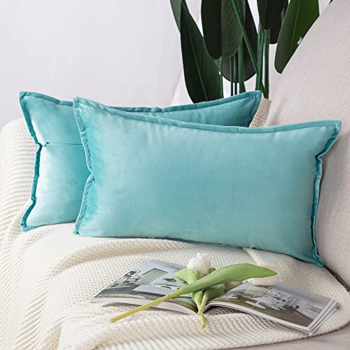 Madizz 2er Set Samt Dekorativ Zierkissenbezüge Luxus Stil Kissenbezug für Sofa für Schlafzimmer Aqua 30x50 cm Rechteckigig