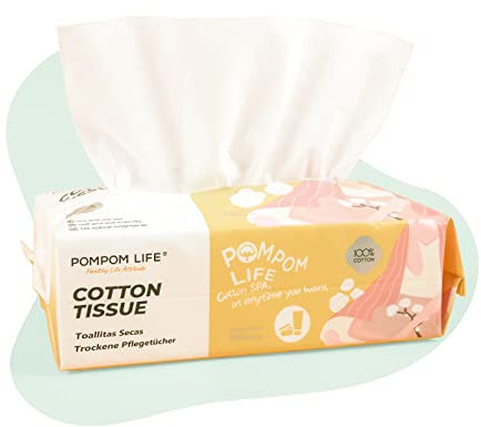 POMPOM LIFE Super Thick Dry Wipes, Ultra Soft Cotton Tissue for Adults and Baby,100% Cotton Disposable Face Towel for All Skin Type, 100 Count Facial Tissue for Cleansing,Skincare, Incontinence Care