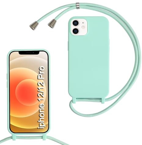 MBSLFY Silikon Handykette für iPhone 12/iPhone 12 Pro Hülle mit Band, Silikon Necklace Handyhülle mit Abnehmbar Kordel zum Umhängen Stossfest Bumper Handy Schutzhülle für iPhone 12, Minz grün