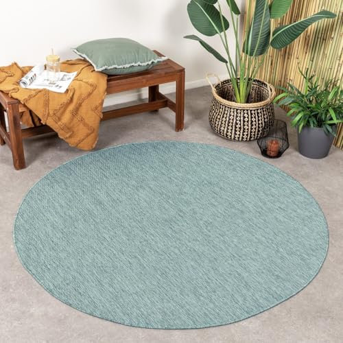 FRAAI | Home & Living In- & Outdoor Teppich Rund - Costa Türkis - Wetterfest - Polypropylen - Flachgewebe - Balkon, Garten/Terrasse - Terrasse - Rug