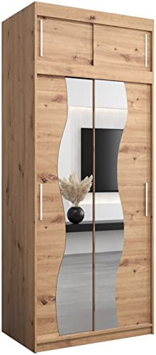 KRYSPOL Schwebetürenschrank Madryt 100 cm mit Spiegel Kleiderschrank mit Kleiderstange und Einlegeboden Schlafzimmer- Wohnzimmerschrank Schiebetüren Modern Design (Artisan Eiche mit Erweiterung)