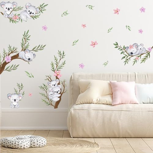 PLIGREAT Aquarell Koala Wandtattoo Kinderzimmer Rosa Blumen Koala Schlafend Auf Dem Ast Wandaufkleber DIY Babyzimmer Wanddeko Mädchen Wandsticker Geburtstagsgeschenk, 90 x 39 cm 2 Blätter
