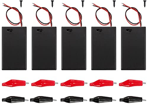 Xiatiaosann 3 AAA Battery Holder with Switch, 3 Slots x 1.5V 4.5V Battery Spring Clip Storage Box with Wire Leads, With Black Alligator Clip, Red Alligator Clip (5 pack)