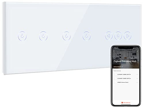 BSEED ZigBee Interruptor de Pared con Interruptor de Atenuador Blanco,Double 2 Gang 1 Vía Interruptor WiFi,compatible con Alexa y Google Home,Control de APP y Función de Temporizador