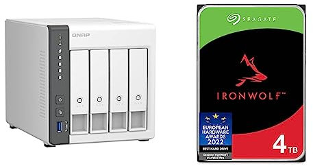 Qnap TS-433-4G NAS System 4-Bay & Seagate IronWolf 4 TB interne Festplatte, NAS HDD, 3.5 Zoll, 5400 U/Min, CMR, 64 MB Cache, SATA 6 GB/s, Silber, inkl. 3 Jahre Rescue Service, FFP