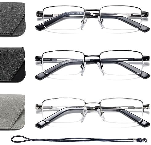 Hubeye 3 Pack Halbrahmen Lesebrille Herren und Damen aus Metallrahmen Federscharniere Halbbrille Lesehilfe Blaulicht Blockierende Computer Sehehilfe mit Brillenetui 1.00
