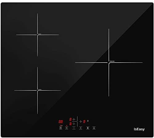IsEasy - Placa de inducción con 3 fuegos, 3 fuegos, empotrable, 59 cm, 5800 W, 3 Booster, temporizador, control táctil, bloqueo infantil, gran fuego de 26 cm