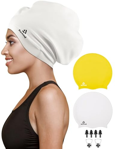 Reymand 2 Pack Extra Große Badekappe Damen Herren für Zöpfe und Dreadlocks, Silikon Schwimmkappe für langes Haar,Extensions, Locken und Afros, Badehaube Bademütze für Erwachsene (Gelb + Weiß)